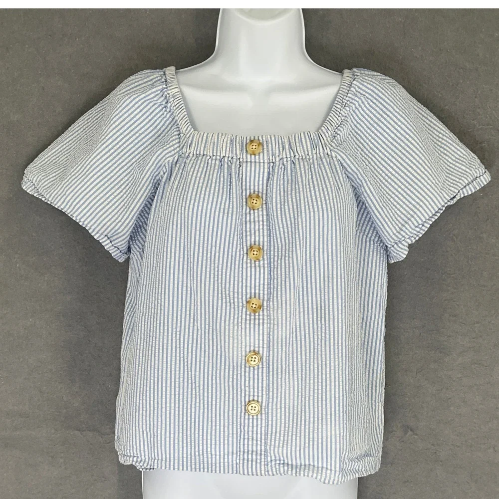 Crewcuts‎ Girls Blue White Stripe Seersucker Square Neck Button Front Top Sz 16